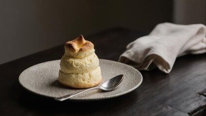 Delicious Baked Meringue Dessert on a Plate with Spoon.