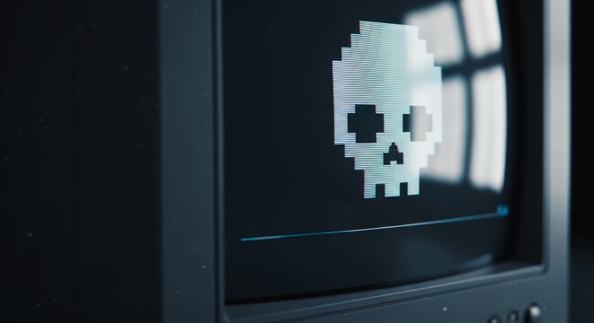 A digital skull displayed on an old monitor suggests a warning about data security in the technology landscape.