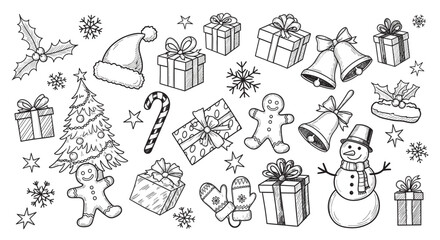 Obraz premium A festive collection of hand-drawn Christmas holiday icons in a vintage sketch style, featuring a snowman, gift boxes, a tree, and a gingerbread man on a beige background