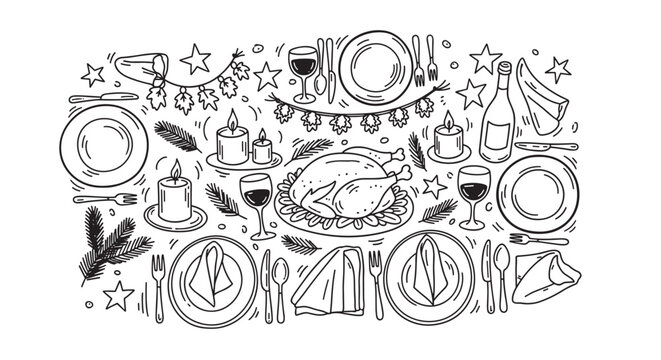 A festive holiday dinner table setting with roasted turkey, wine, and candles, illustrated in a charming hand-drawn doodle style from a top-down perspective