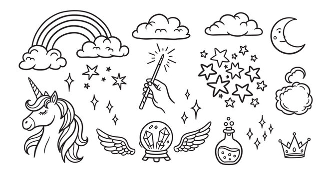 A collection of hand-drawn magical and fairytale elements including a unicorn, rainbow, magic wand, and crystal ball in a simple black and white doodle style illustration set