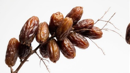 Close-up of a cluster of ripe brown dates on a branch against a white background.