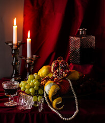 Baroque Still Life with Fruits, Wine and Candles