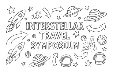 A black and white line art doodle set for an interstellar travel symposium, with hand-drawn rockets, planets, stars, and astronaut helmets isolated on a white background