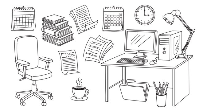 A collection of hand-drawn doodle illustrations featuring various office and workspace items like a desk, computer, chair, calendar, and documents, perfect for business or education concepts