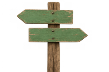 Wooden signpost featuring two blank rustic green arrow planks pointing different directions, symbolizing guidance, choice, and decision
