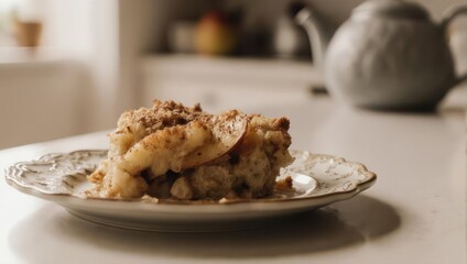 Delicious Apple Crumble Slice on Decorative Plate with Teapot.