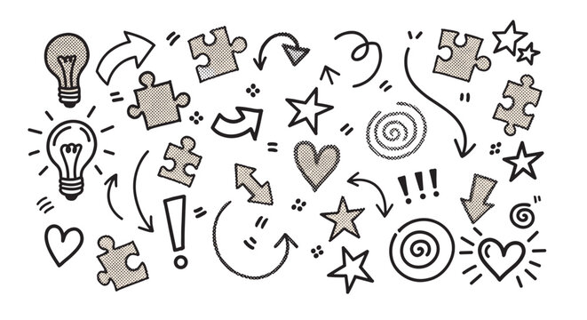 A collection of hand-drawn doodle icons like lightbulbs, puzzle pieces, and arrows representing creativity and brainstorming, illustrated in a retro comic book style with halftone dots