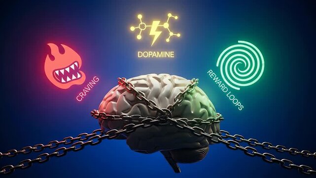 Abstract Representation of the Human Brain Trapped by Chains Symbolizing Cravings Dopamine and Reward Loops with Neon Icons on a Dark Blue Gradient Background