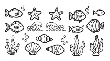 A collection of cute black and white marine life doodles, including fish, starfish, shells, and seaweed, presented as a simple line art icon set isolated on a white background
