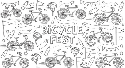 A black and white doodle pattern celebrating a bicycle festival with hand-drawn bikes, helmets, flags, and water bottles on a white background, perfect for coloring