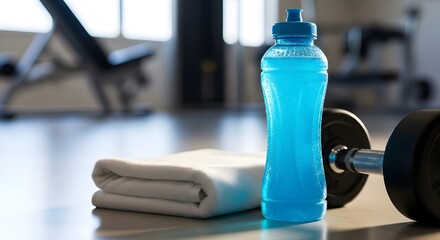 Blue electrolyte drink bottle with towel and dumbbell in gym, wallpaper, symbolizing hydration and fitness.