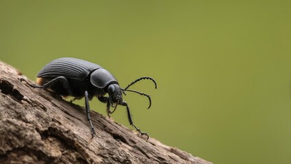 Close up of a black beetle crawling on a textured tree branch with a blurred green background.