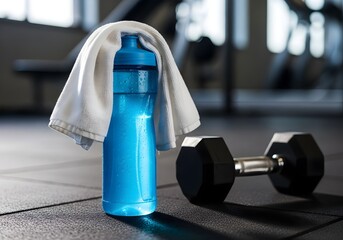 Blue electrolyte drink bottle with towel and dumbbell in gym, wallpaper, symbolizing hydration and fitness.