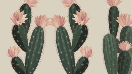 Symmetrical pattern of green desert cactus with pink flowers illustration.