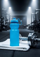 Blue electrolyte drink bottle with towel and dumbbell in gym, wallpaper, symbolizing hydration and fitness.