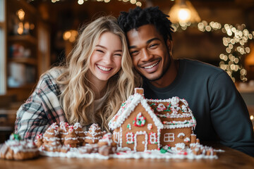 Smiling young caucasian woman and african american man enjoy building a festive gingerbread house together at christmas