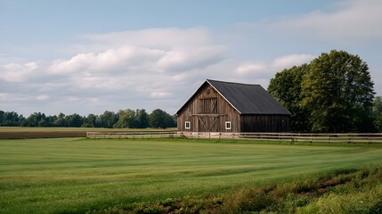 Obraz premium A weathered wooden barn sits in a vast green field under a partly cloudy sky