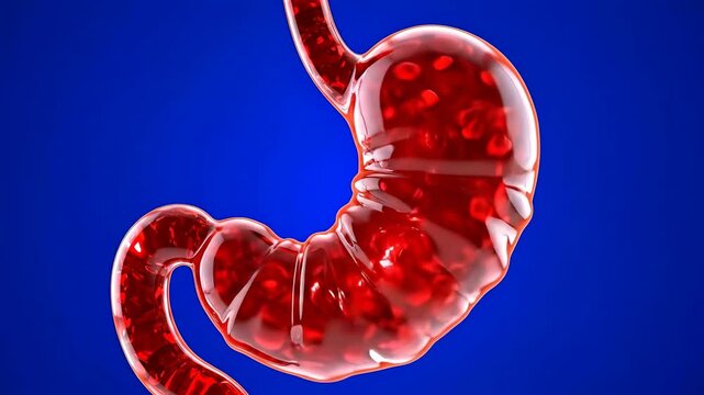 Animated 3D Stomach Interior with Red Blood Cells and Digestive Fluid on a Vibrant Blue Background with Soft Lighting