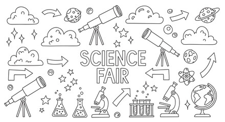 A hand-drawn collection of science fair themed doodles in a black and white outline style, featuring telescopes, microscopes, planets, and laboratory glassware for education