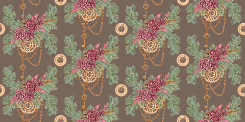 Burgundy roses, fir branches, cones, chains, gears, key, pendants seamless pattern watercolor illustration. Earth tone isolated. Vintage steampunk Christmas and New Year design for wrapping paper,