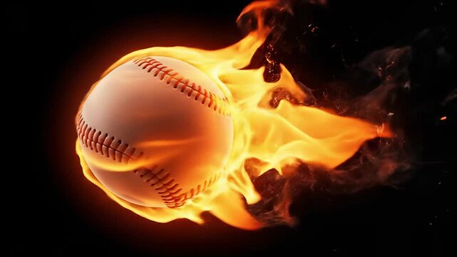 Baseball on Fire in Mid Air Against a Dark Background with Embers and Smoke