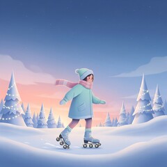 Winter Magic Roller Skating Girl Under Snowy Dusk Sky with Christmas Lights