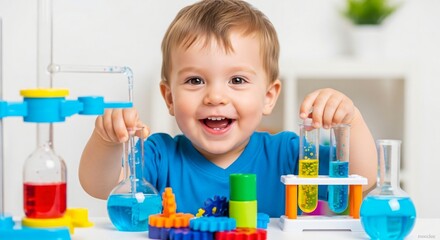 Excited Toddler Plays with Colorful Science Kit and Beakers During Experiment