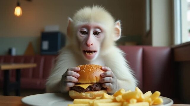 A cute white monkey eagerly holds a cheeseburger with fries on a table in a restaurant
