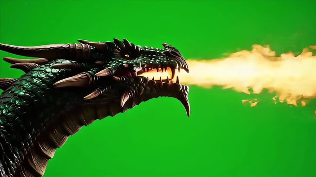 A ferocious dragon breathes fire against a green screen, ready for digital compositing and special effects