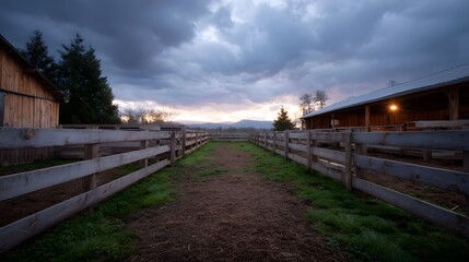 Dramatic twilight sky looms over a rustic farm corral with weathered wooden fences
