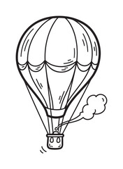 Whimsical black and white outline drawing of a hot air balloon in flight with a single passenger, presented in a simple cartoon doodle style on a clean white background