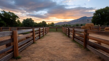 Obraz premium Rustic wooden live pen with hay bales during a golden sunset