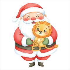 Vector Santa Claus Holding Lion Cub Isolated on White Background
