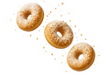 Doughnuts falling with sugar dust and nut crumbs, sweet pastry snack on transparent background