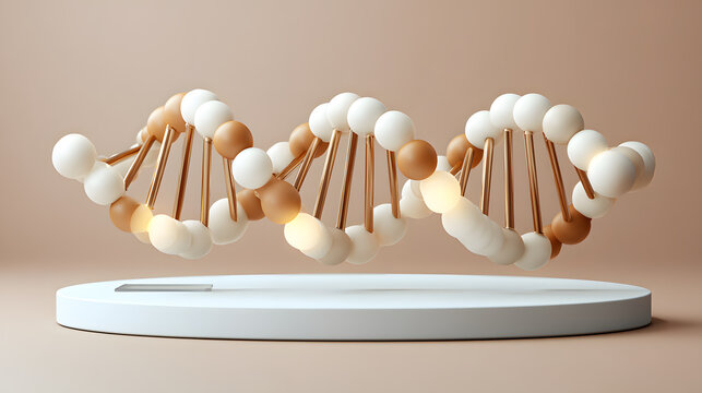 a detailed 3D rendering of a DNA strand gracefully suspended over a minimalist platform - Powered by Adobe
