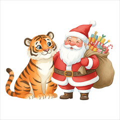 Vector Santa Claus with Tiger Isolated on White Background
