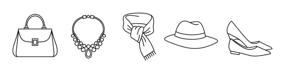 Obraz premium Minimalist black line art icon set of classic women's fashion accessories featuring a handbag, jewelry, scarf, hat, and high heels, isolated on a clean white background