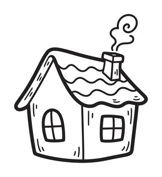 A charming black and white doodle of a cozy little house with a smoking chimney, hand-drawn in a simple cartoon style and isolated on a white background