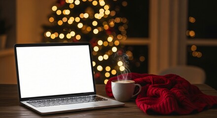 Warm and cozy holiday work-from-home ambiance with a laptop, steaming mug, and red blanket on a desk, set against a blurry backdrop of festive Christmas lights
