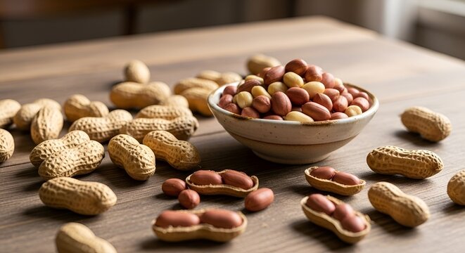 Enjoy fresh peanuts in a bowl, a healthy snack on a wooden table