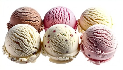 Six Colorful Ice Cream Scoops on White Background, Close-Up Shot