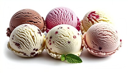 Six Colorful Ice Cream Scoops with Mint Leaf on White Background