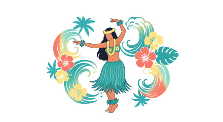 Graceful hula dancer in vibrant tropical scene with hibiscus flowers and ocean waves, perfect for summer promotions or luau party invitations