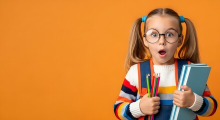 girl holding books and pencils against orange background, education concept, front view, indoor lifestyle setting