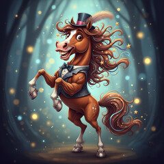 A whimsical horse stands dapper in formal attire.