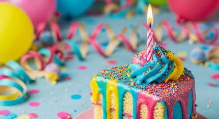 A festive and colorful slice of rainbow birthday cake with a single lit candle, ready for a wish, set against a background of party decorations
