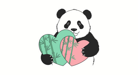 Adorable panda holding cute heart shaped bamboo decorations for Valentine's Day, perfect for greeting cards and gifts, spreading love and joy