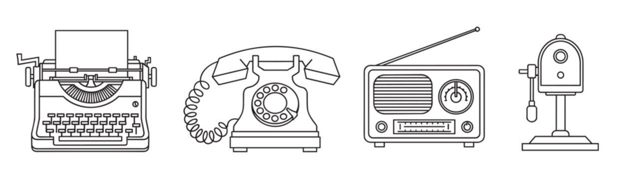 A set of vintage office and communication objects including a typewriter, rotary phone, radio, and pencil sharpener, depicted in a clean black and white line art illustration style