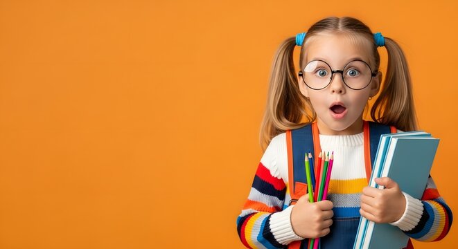 girl holding books and pencils against orange background, education concept, front view, indoor lifestyle setting - Powered by Adobe